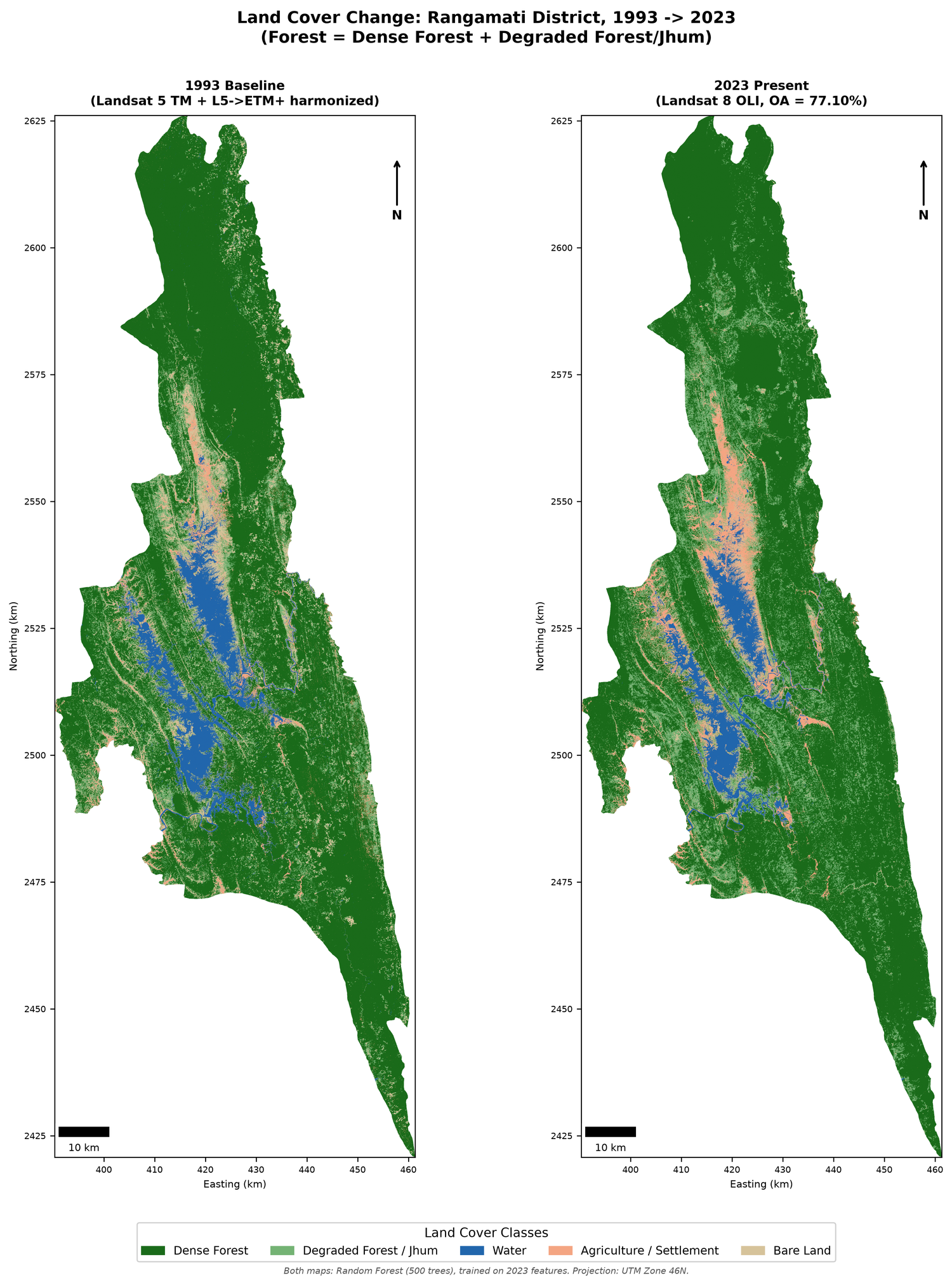 Side-by-side land-cover classification maps of Rangamati District for 1993 and 2023, showing dense forest, degraded forest/jhum, water, agriculture/settlement, and bare land