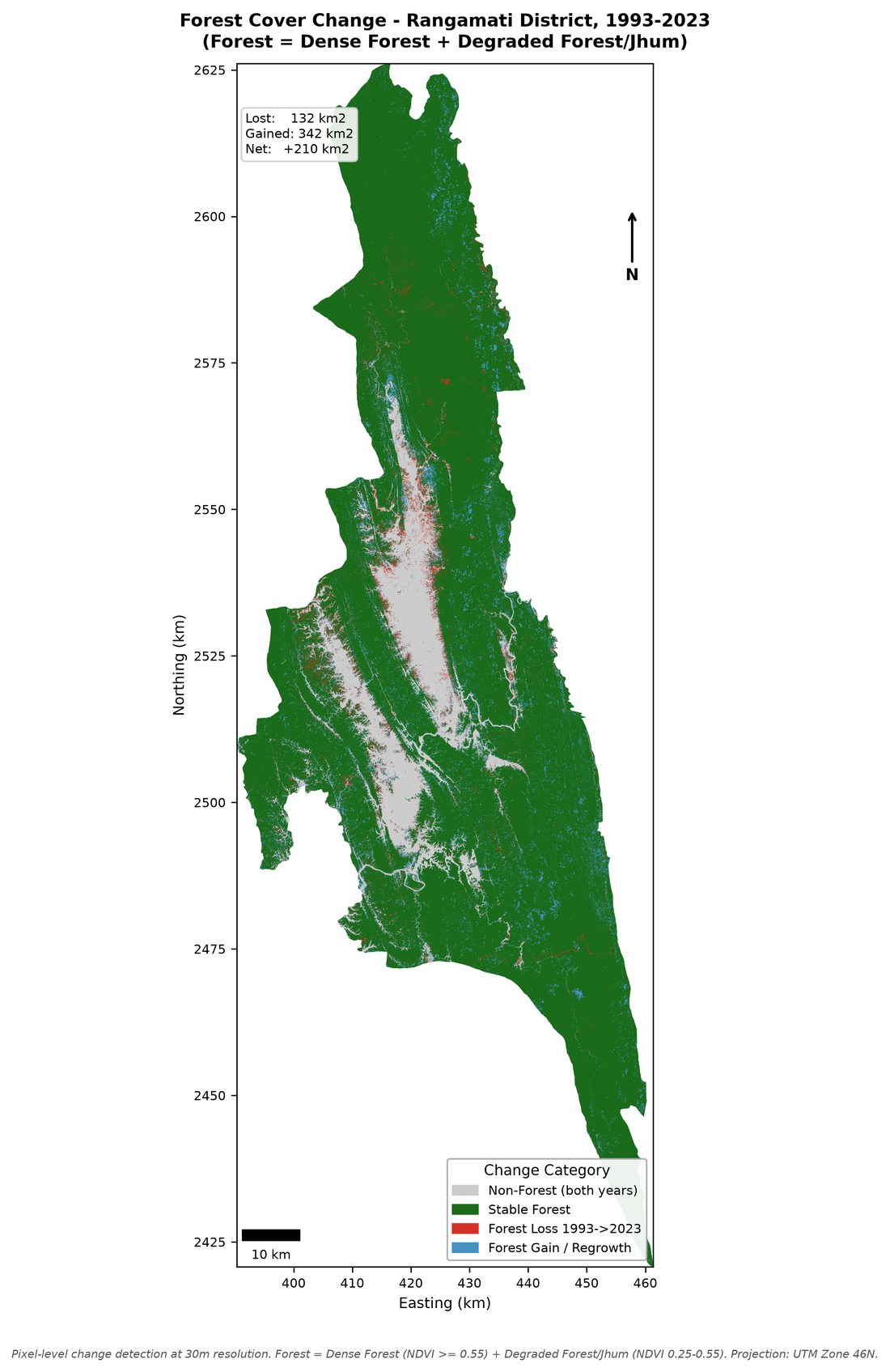 Pixel-level forest change detection map for Rangamati District, 1993 to 2023, showing stable forest, forest loss, and forest gain/regrowth